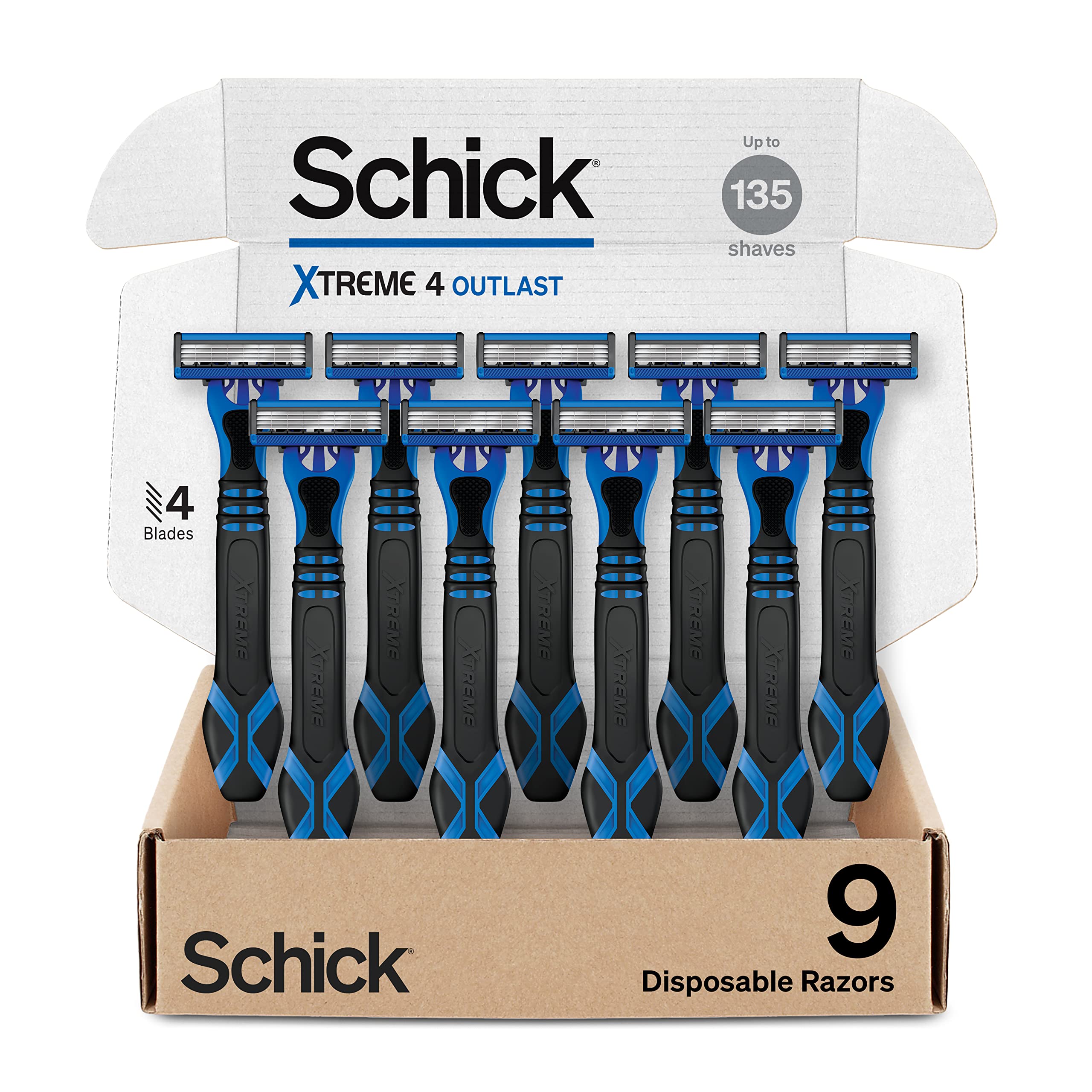 Schick Xtreme 4 Disposable Razors for Men, with 4 Titanium Coated Razor Blades and Extra Edging Blade, 9 Count